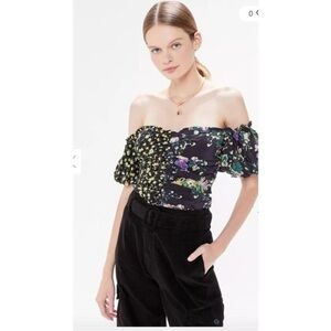 For Love and Lemons Eileen Off the Shoulder Top in Black Floral Sz L